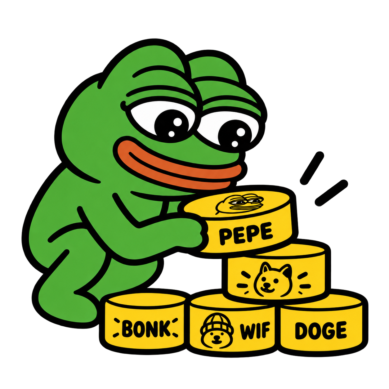 Pepe building a stack of golden meme coins
